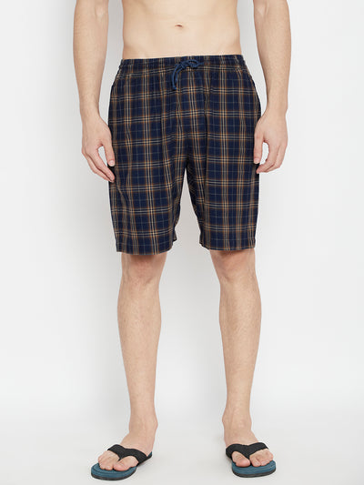 Navy Blue Checked Slim Fit Lounge Shorts - Men Lounge Shorts