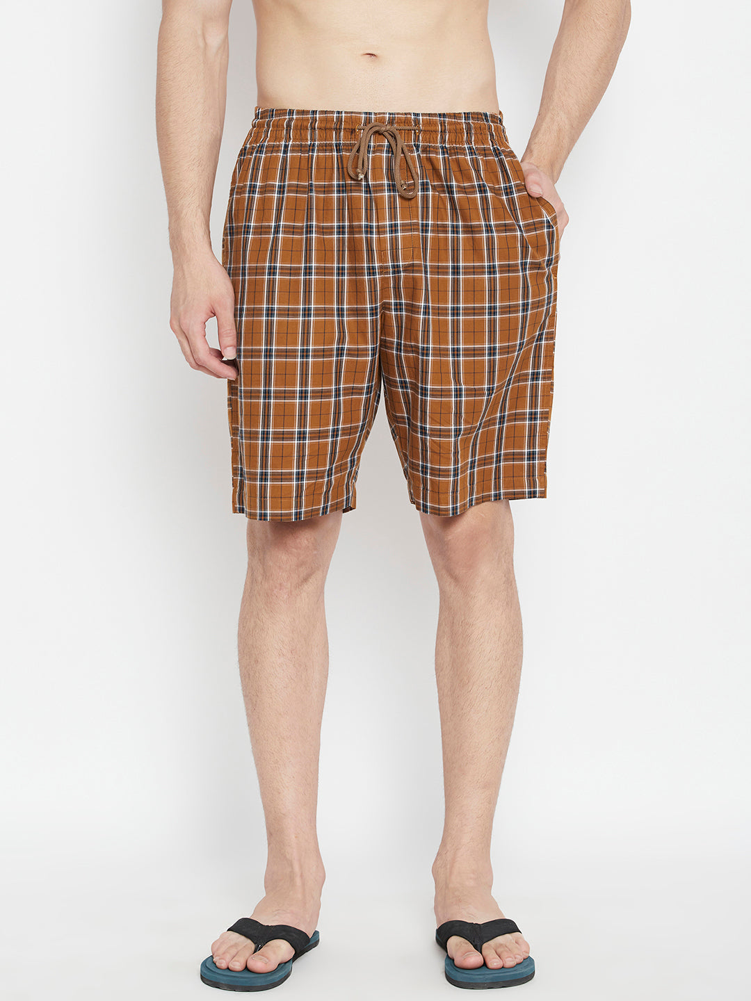 Mustard Checked Slim Fit Lounge Shorts - Men Lounge Shorts
