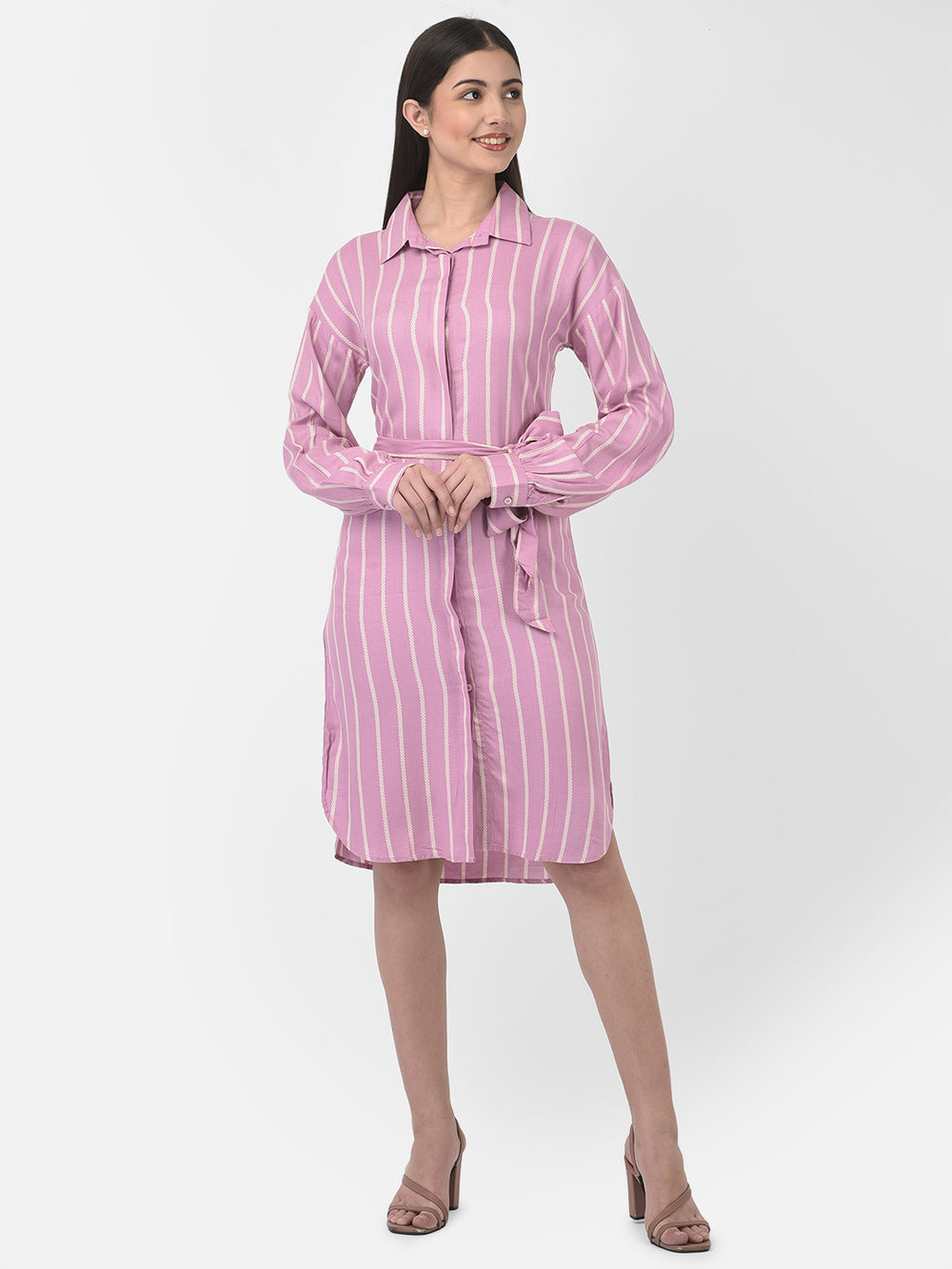 Pink Striped Shirt Dress-Women Dresses-Crimsoune Club