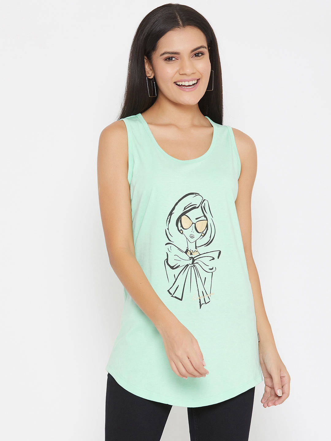 Mint Green Printed Tank Top - Women Lounge Tops