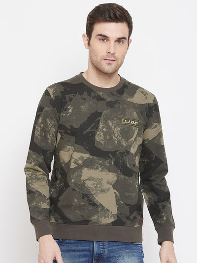 Olive Printed Round Neck Sweatshirt - Men Sweatshirts