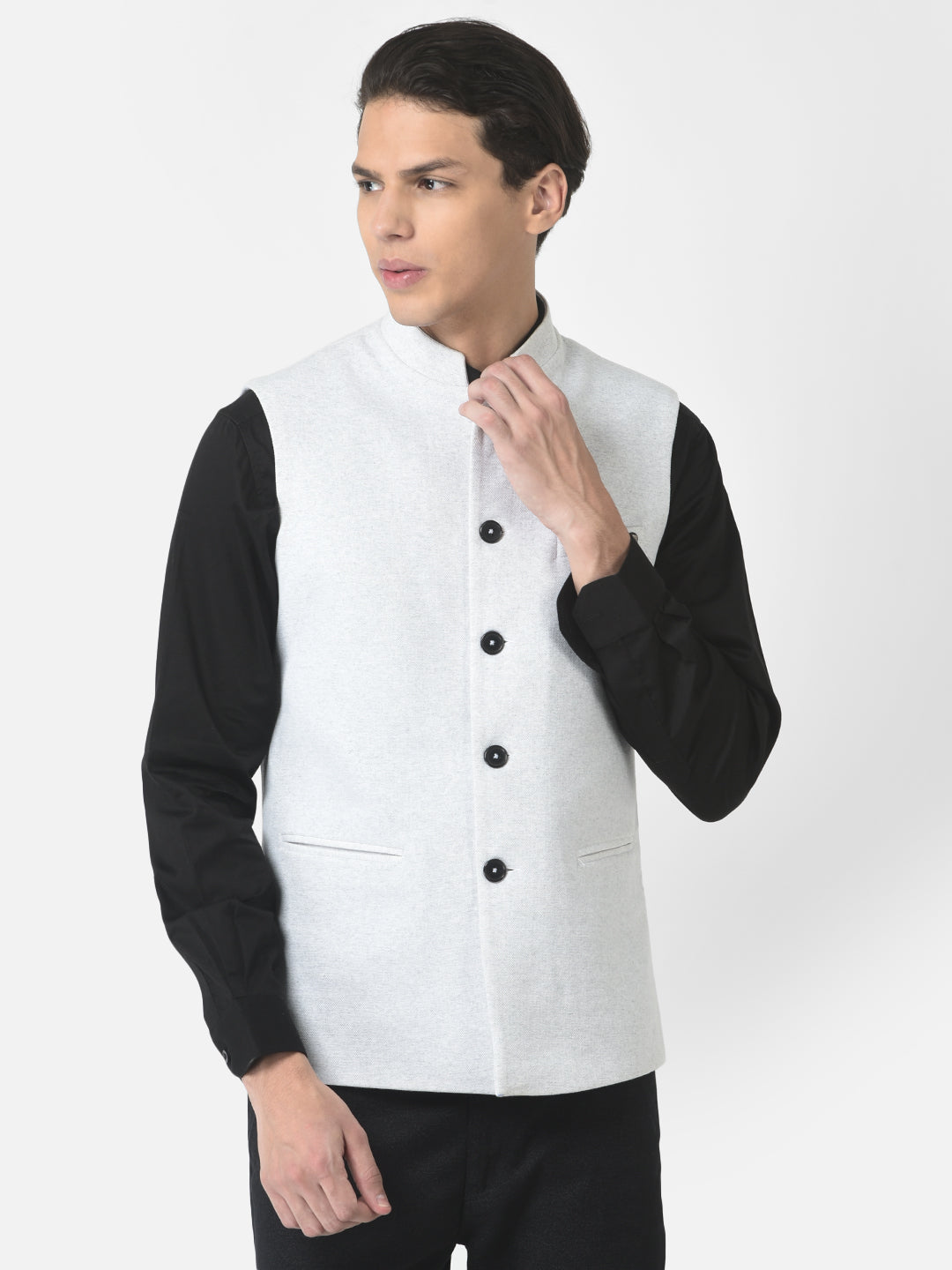 Melange White Nehru Style Waistcoat 