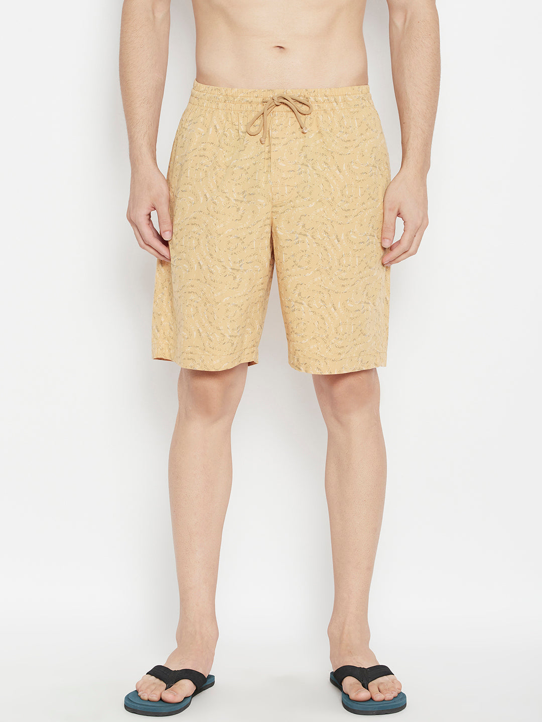 Beige Printed Slim Fit Lounge Shorts - Men Lounge Shorts