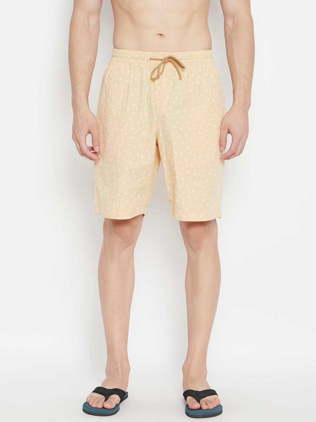 Cream Printed Slim Fit Lounge Shorts - Men Lounge Shorts