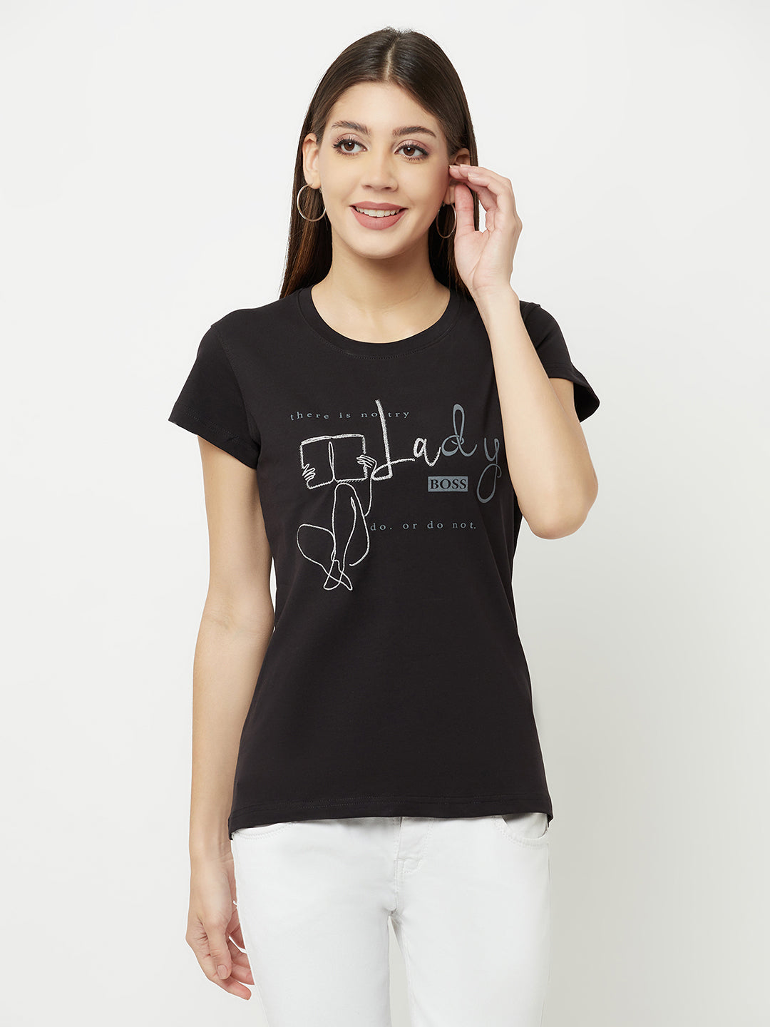 Black Printed Round Neck T-Shirt - Women T-Shirts