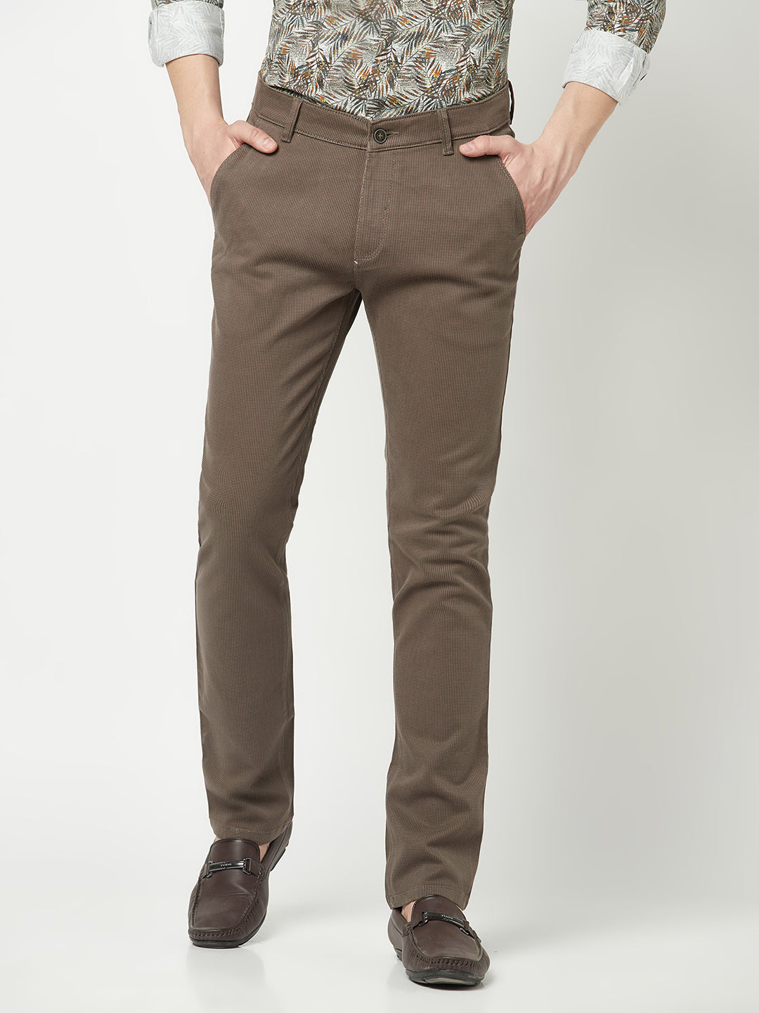  Brown Houndstooth Checked Trousers