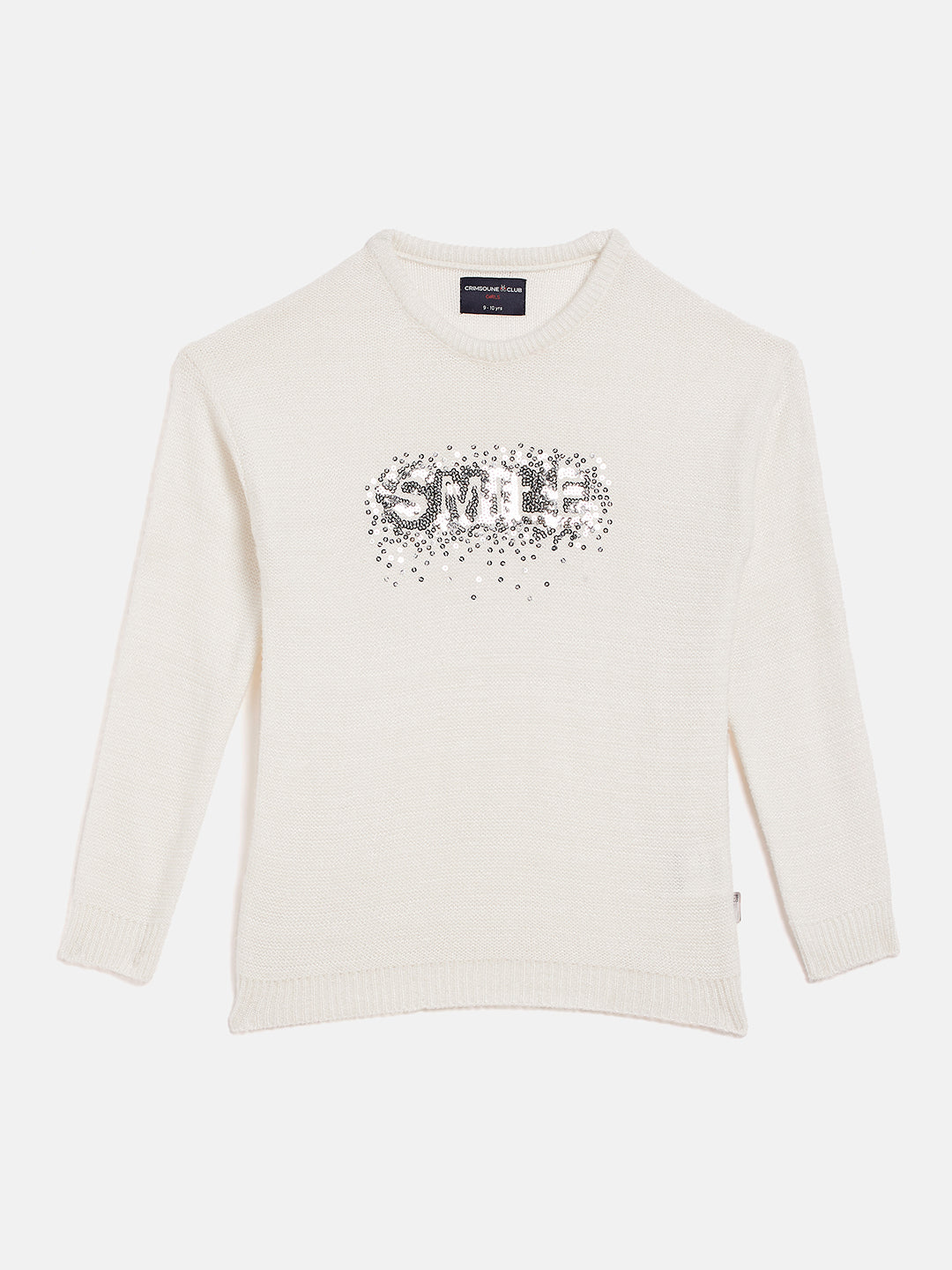 White Embellished Round Neck Sweater - Girls Sweaters