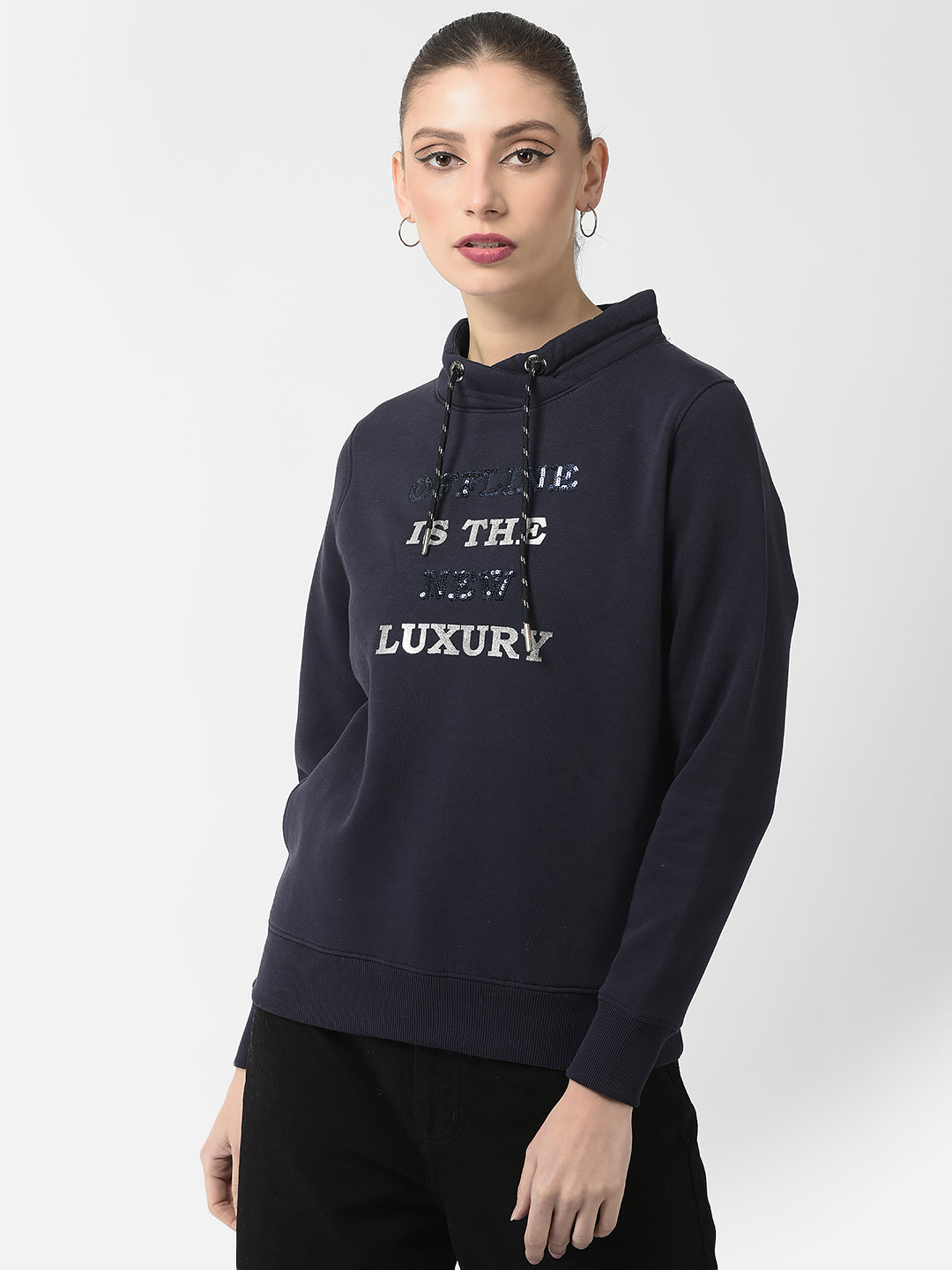  Navy Blue Sequenced Typography Sweatshirt 