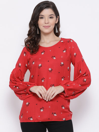 Red Printed Round Neck Tops - Women Tops