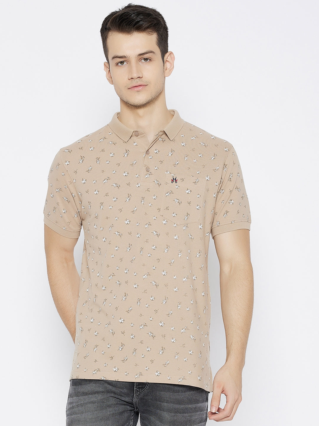 Beige Printed Polo Neck T-shirt - Men T-Shirts