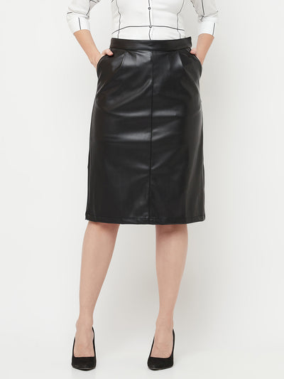 Black Midi A-Line Leather Skirt - Women Skirts