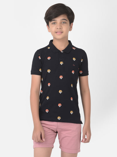 Navy Blue Printed Polo T-shirt - Boys T-Shirts