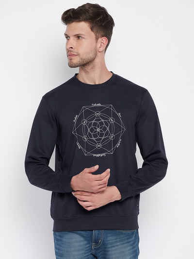 Navy Blue Printed Round Neck Sweatshirt - Men Sweatshirts