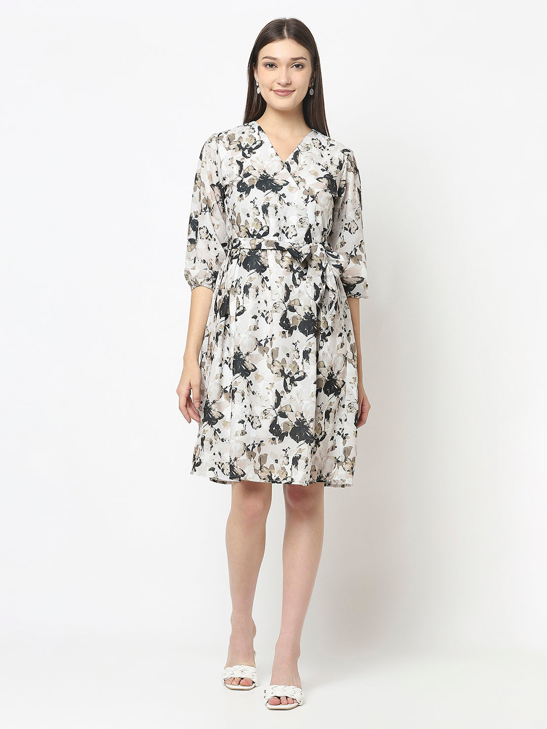 Off-White Floral Dress with Tie-Up Detail
