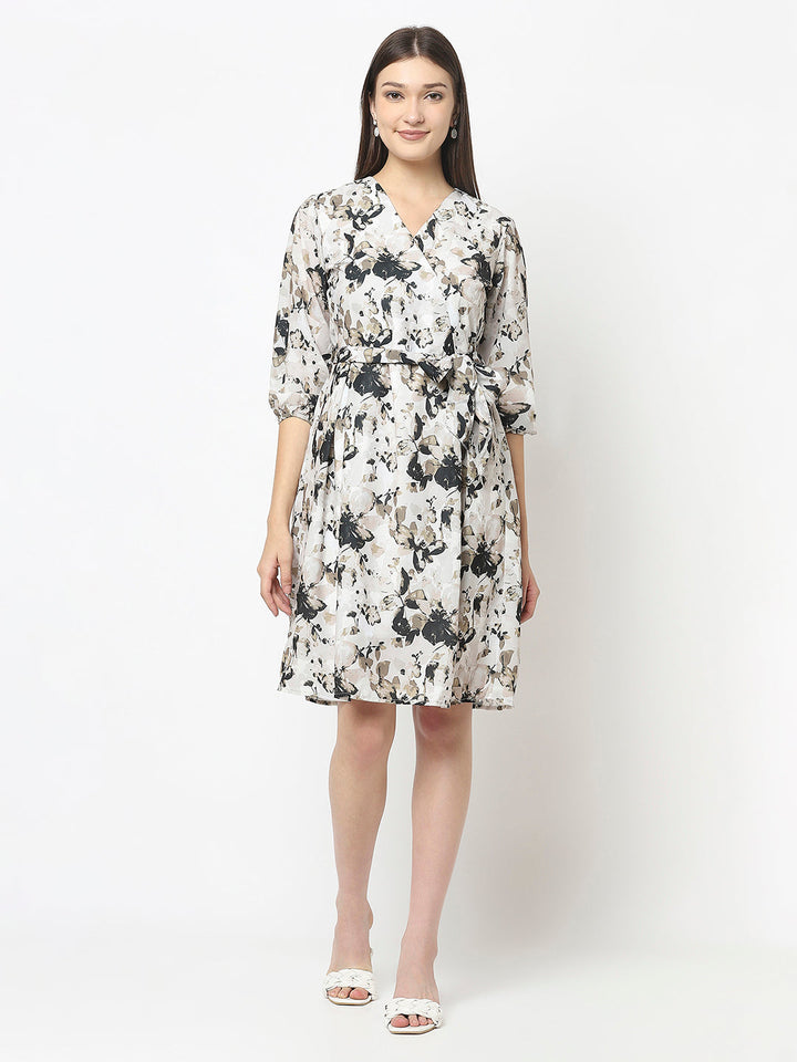 Off-White Floral Dress with Tie-Up Detail