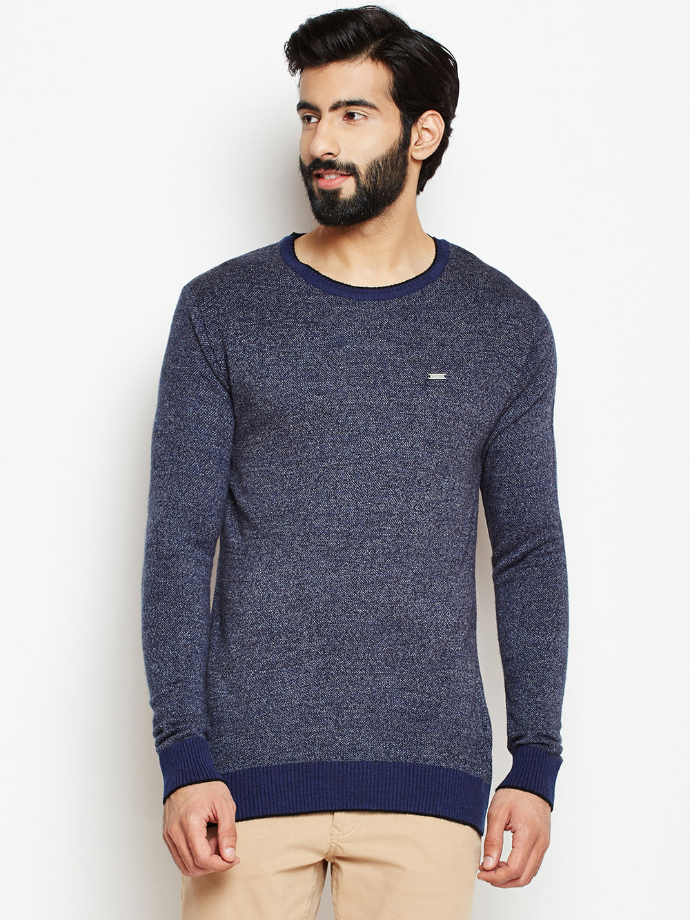 Blue Solid Round Neck Sweaters-Men Sweaters-Crimsoune Club