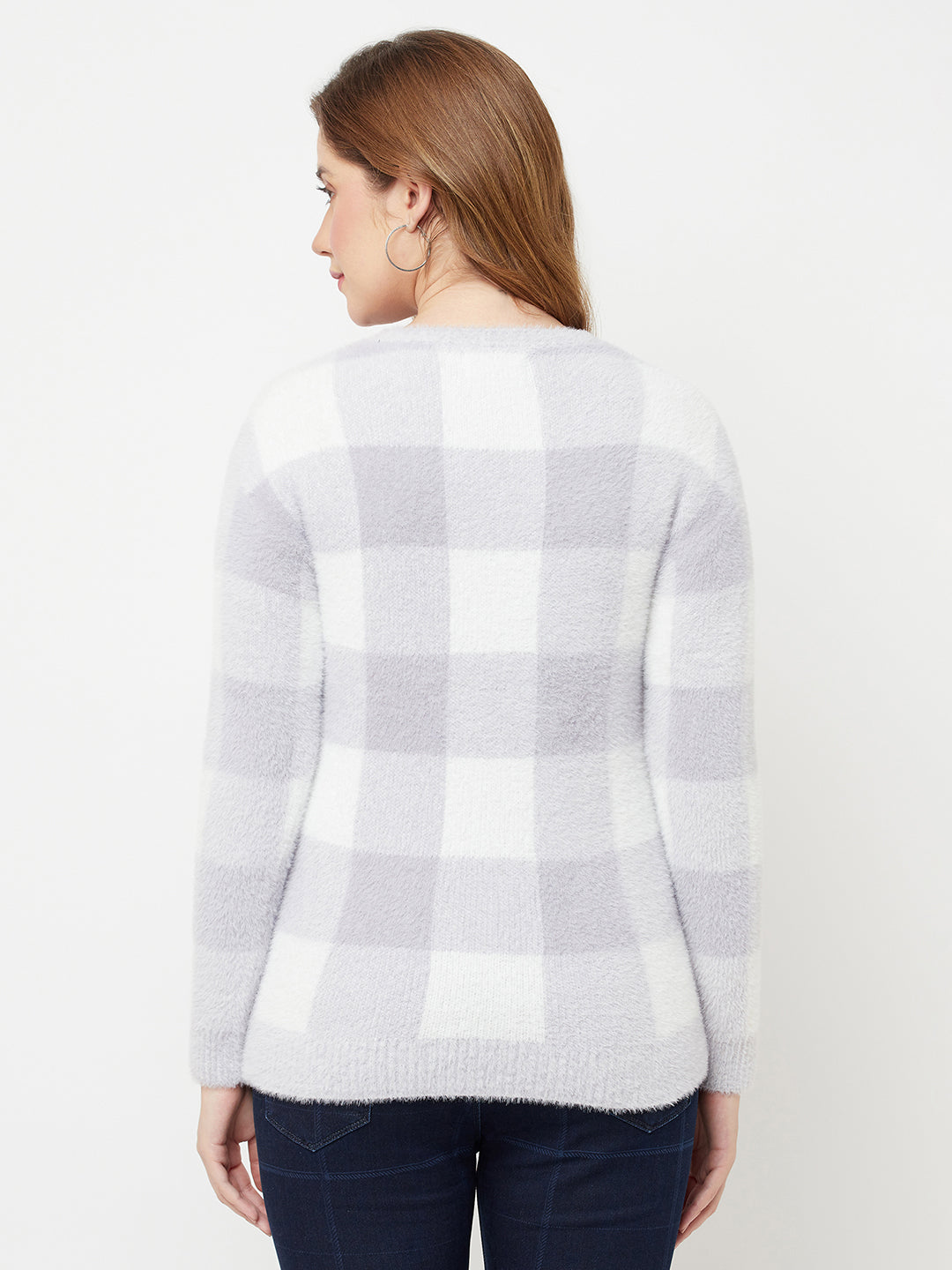 White Checked Round Neck Sweater - Women Sweaters