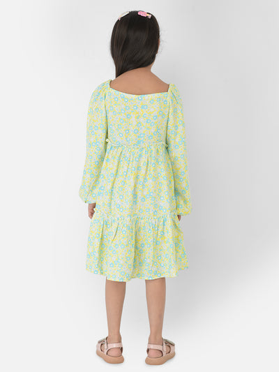 Green Floral Printed Dress - Girls Dress