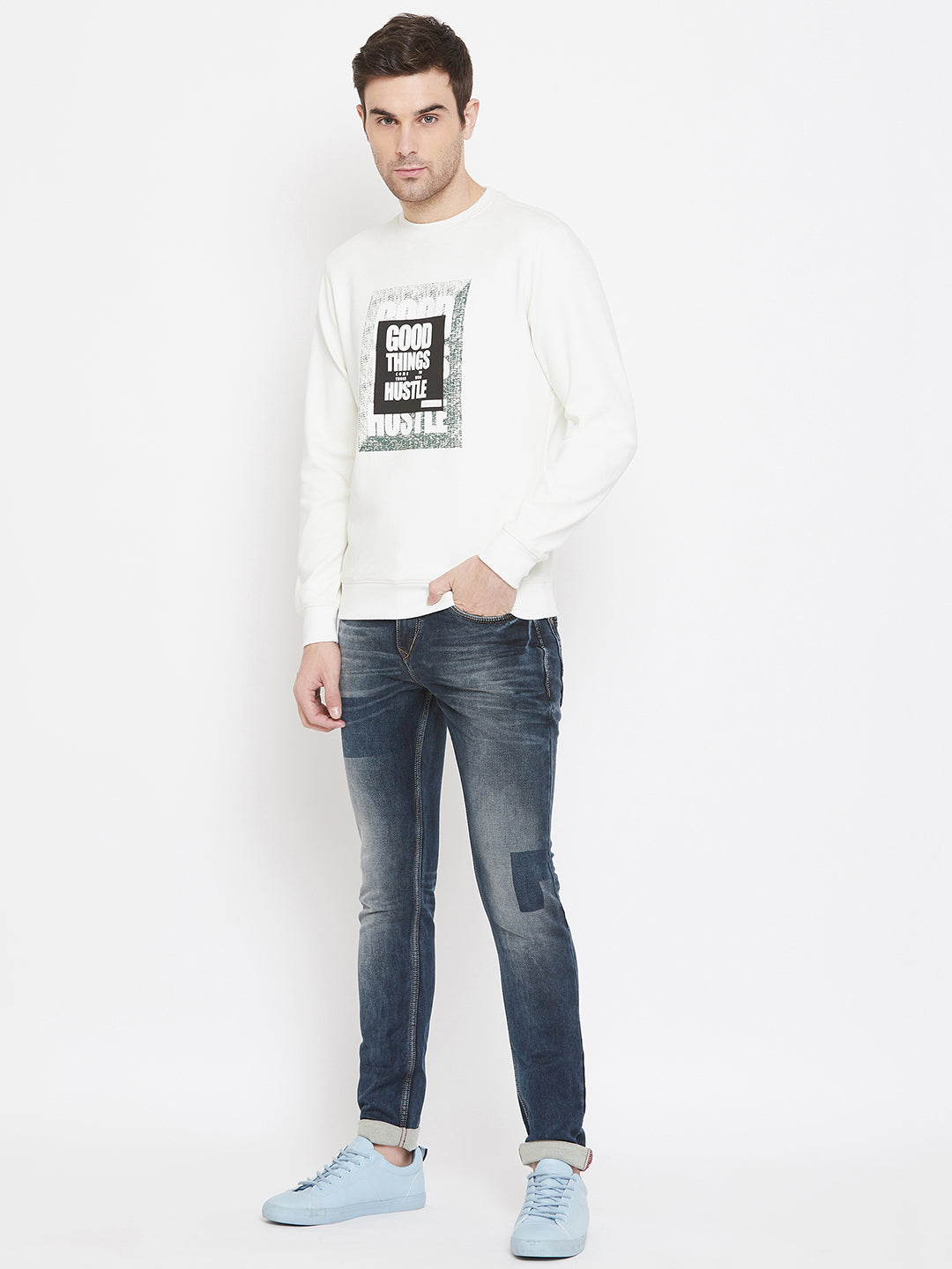 White Printed Round Neck Sweatshirt - Men Sweatshirts