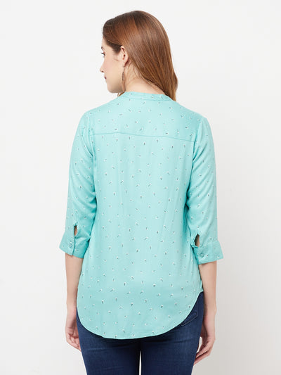 Mint-Green Floral Printed V-Neck Shirt - Women Shirts