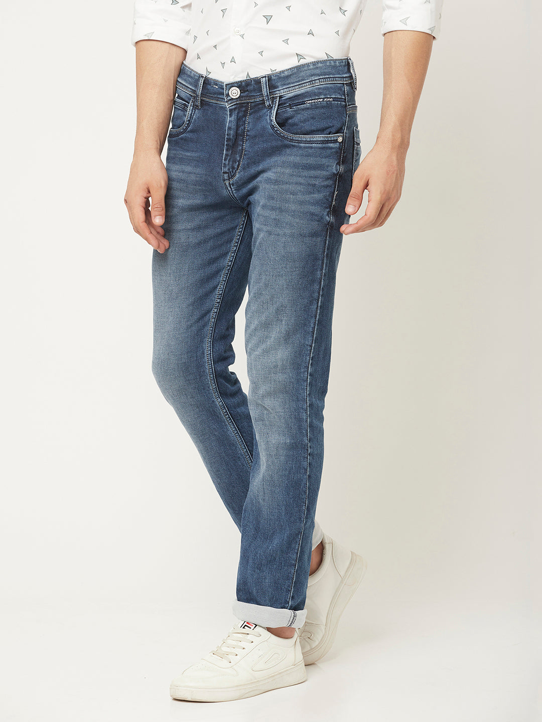  Light Wash Jeans with Leather Logo Patch 