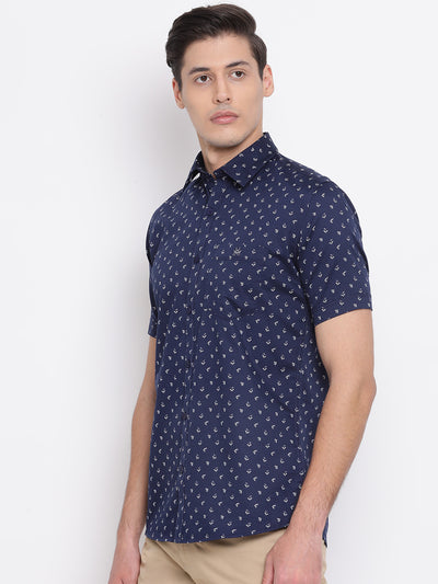 Navy Blue Printed Spread Collar Slim Fit Shirt - Men Shirts