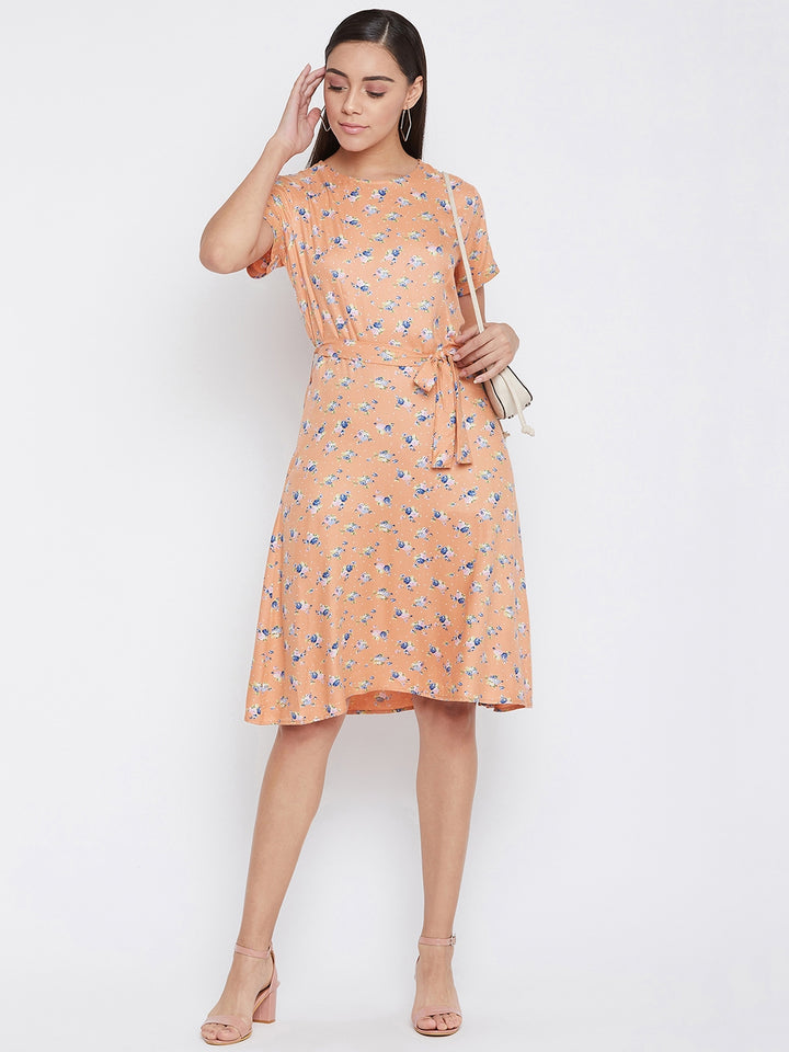 Orange Printed Floral Dress - Women Dresses