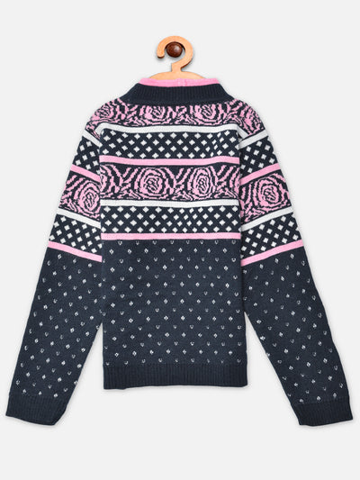 Navy Blue Printed Mock Neck Sweater - Girls Sweaters