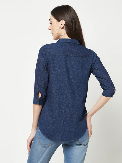  Navy Blue Floral Denim Shirt