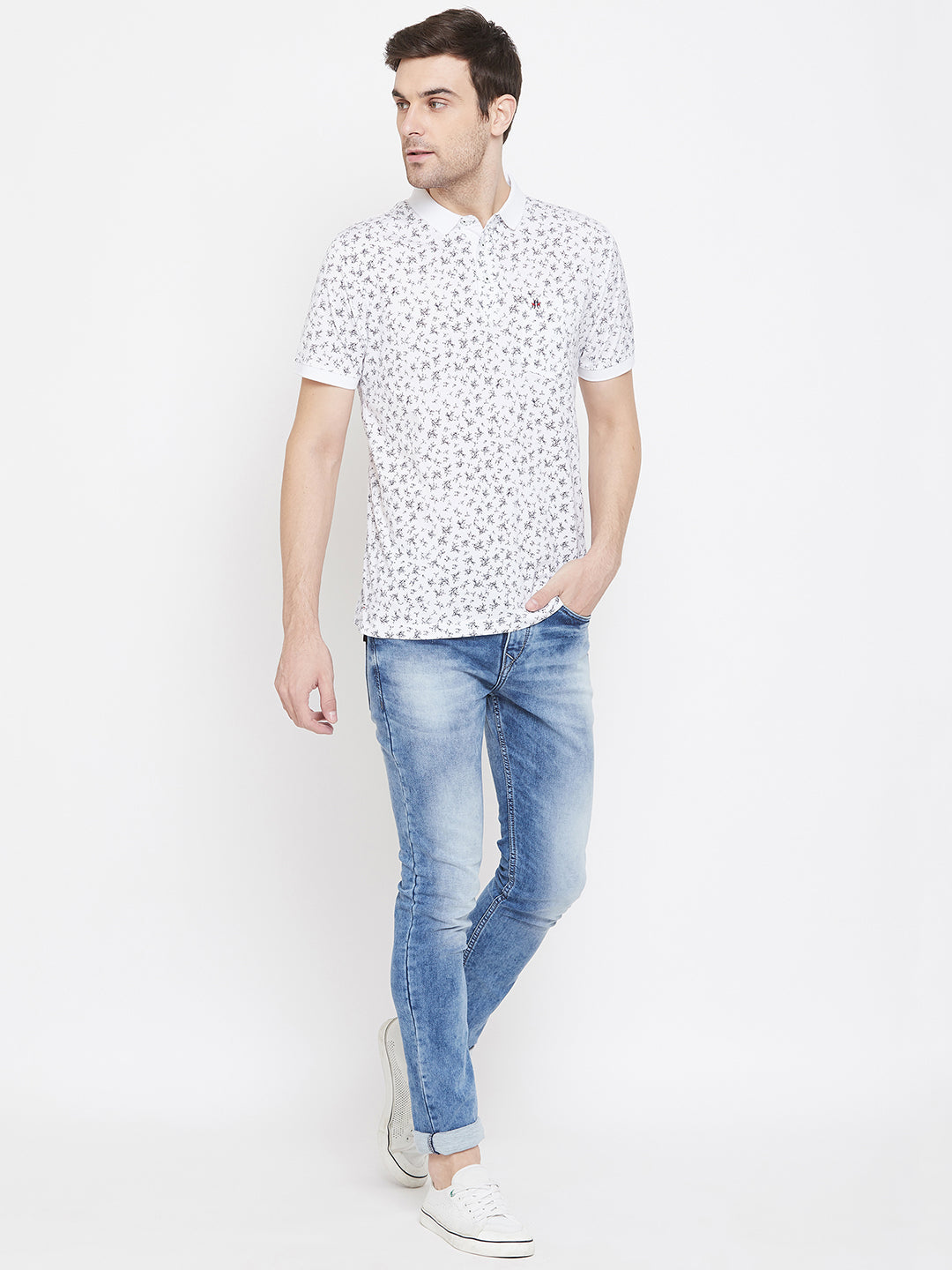 White Printed Polo Neck T-Shirt - Men T-Shirts