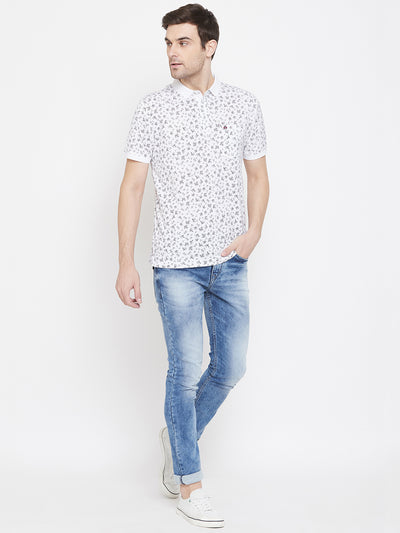 White Printed Polo Neck T-Shirt - Men T-Shirts