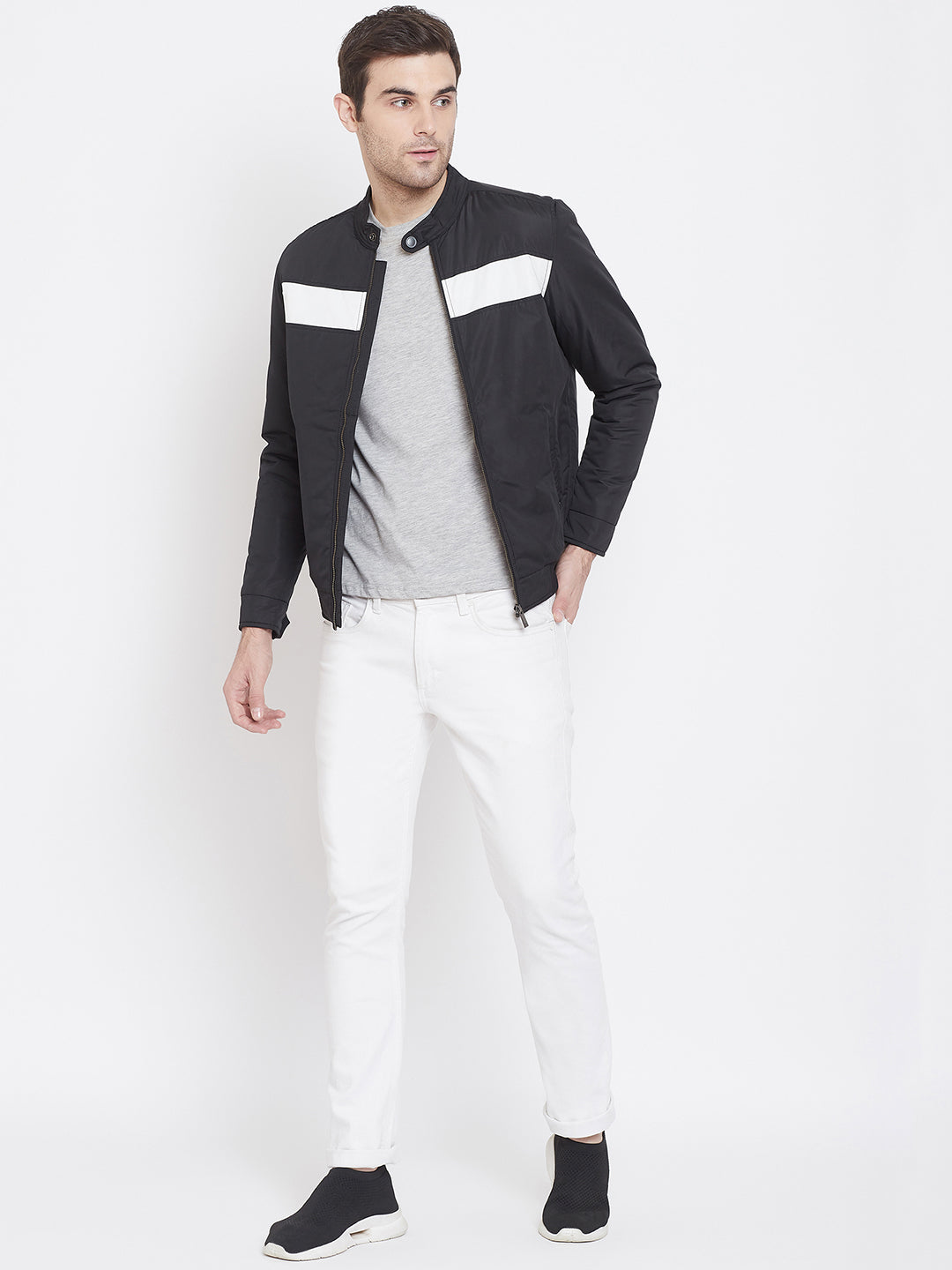 Navy Blue Printed Mock Neck Jackets-Mens Jacket-Crimsoune Club