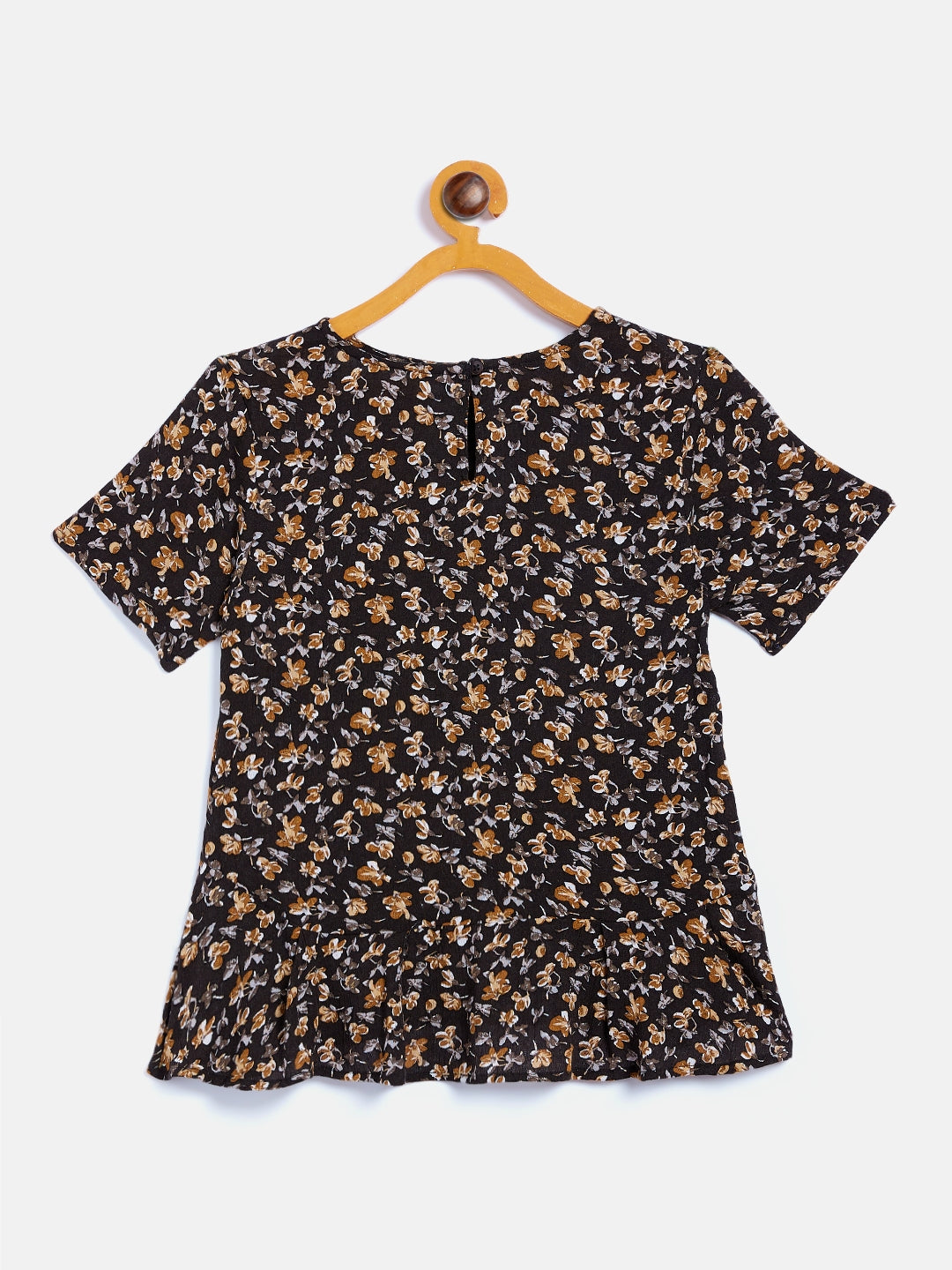 Black Printed Round Neck Top - Girls Tops