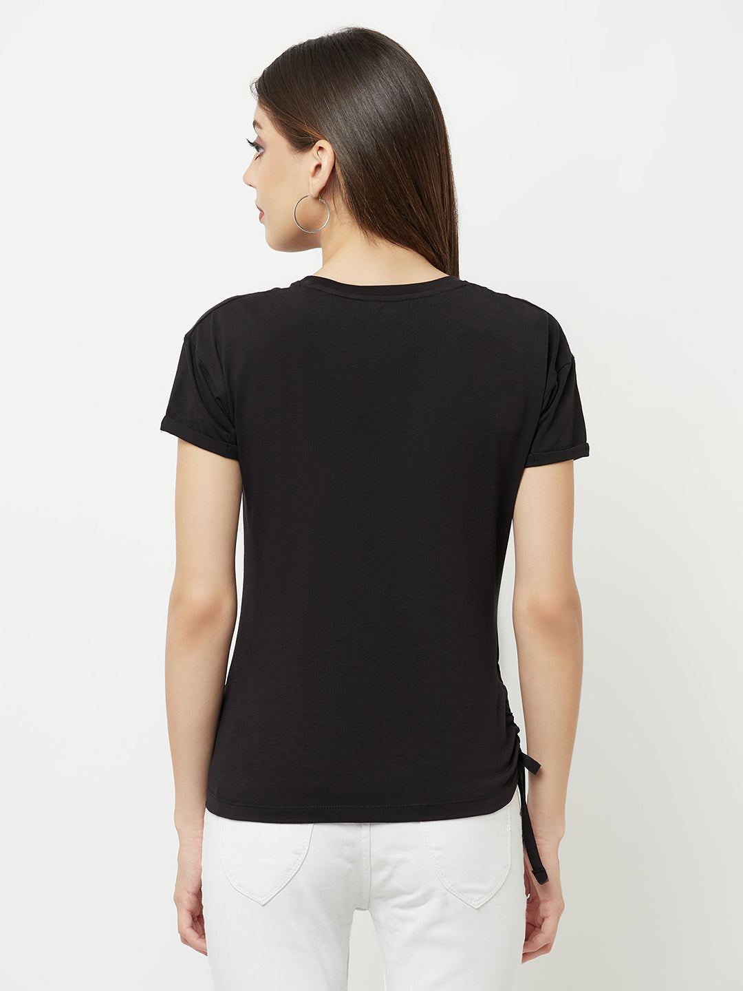 Black Printed Round Neck T-Shirt With Knot - Women T-Shirts