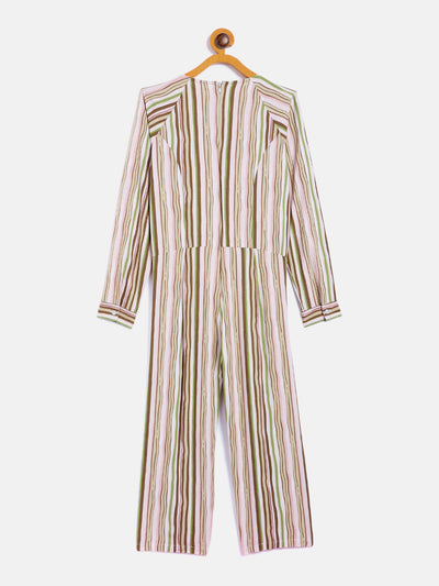 Multicoloured Striped Round Neck Jumpsuit - Girls Jumpsuit