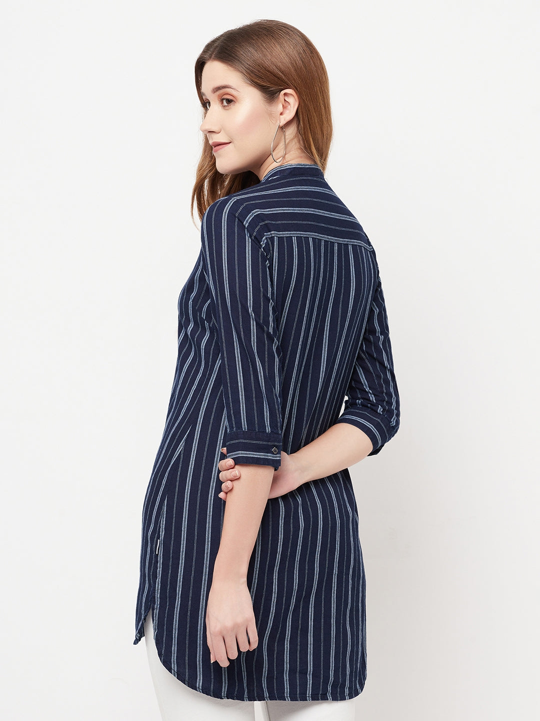 Navy Blue Striped Longline Shirt - Women Shirts