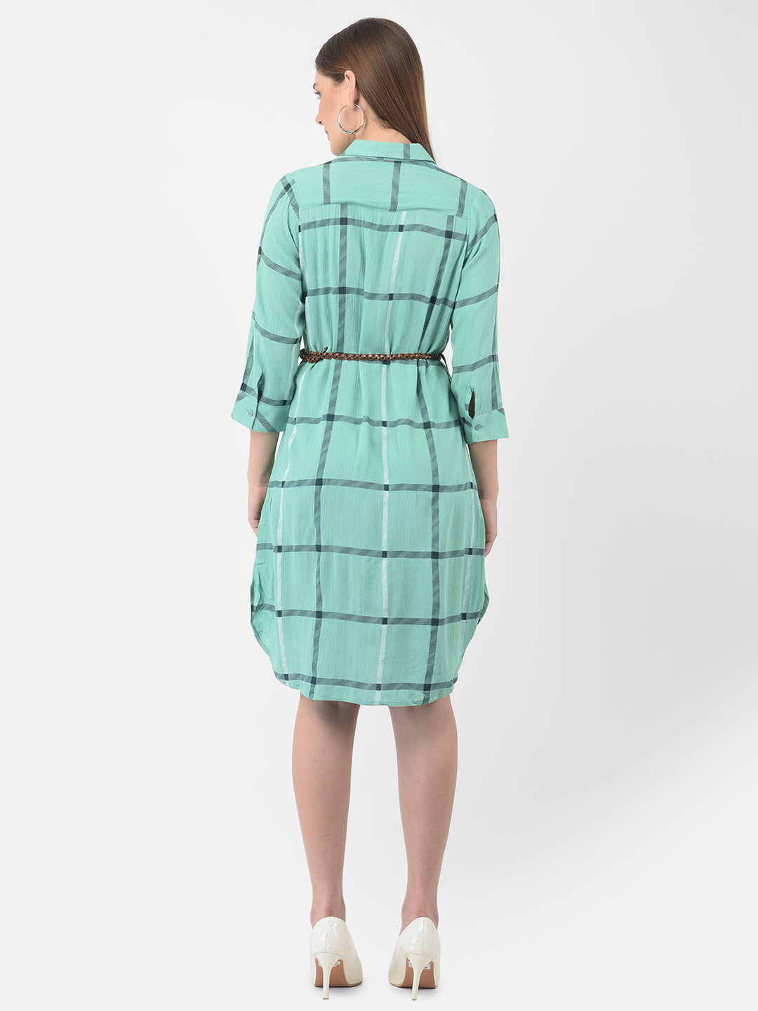 Green Checked Shirt Dress - Women Dresses