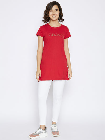 Red Printed Round Neck T-shirt - Women T-Shirts