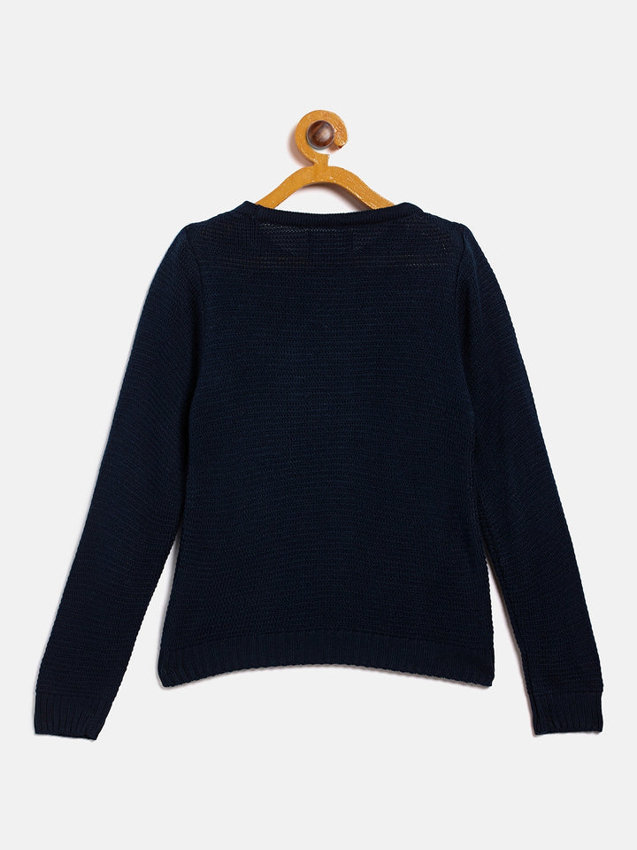 Navy Blue Embroidered Round Neck Sweater - Girls Sweaters