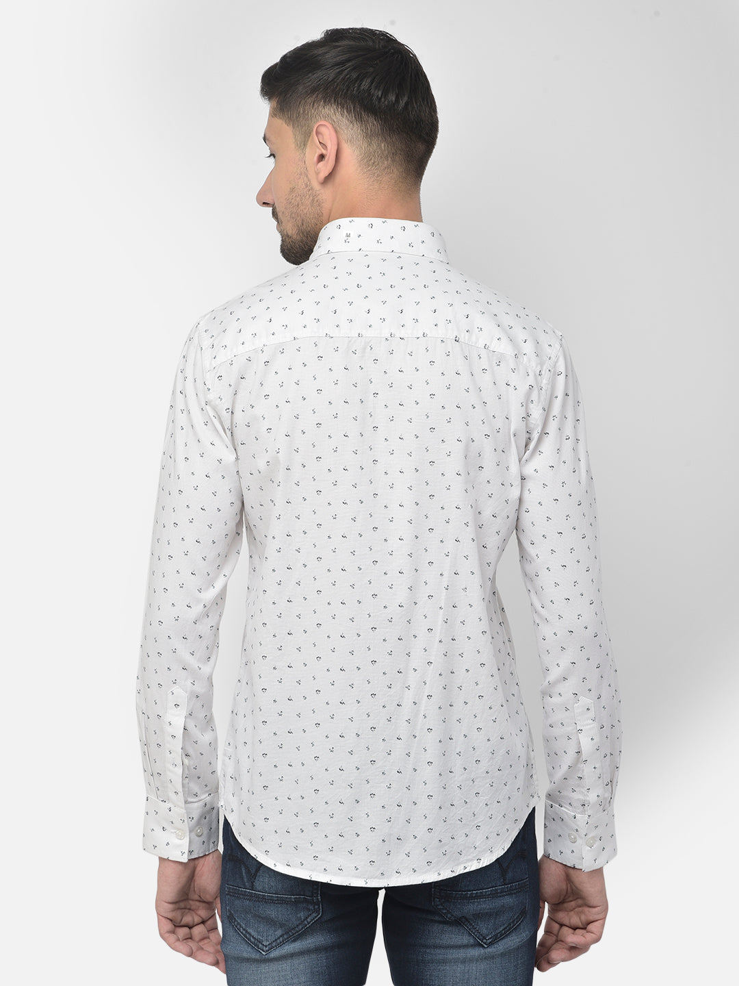 White Printed Spread Collar Shirt - Men Shirts