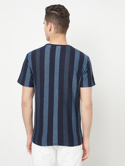 Navy Blue Striped Round Neck T-Shirt - Men T-Shirts