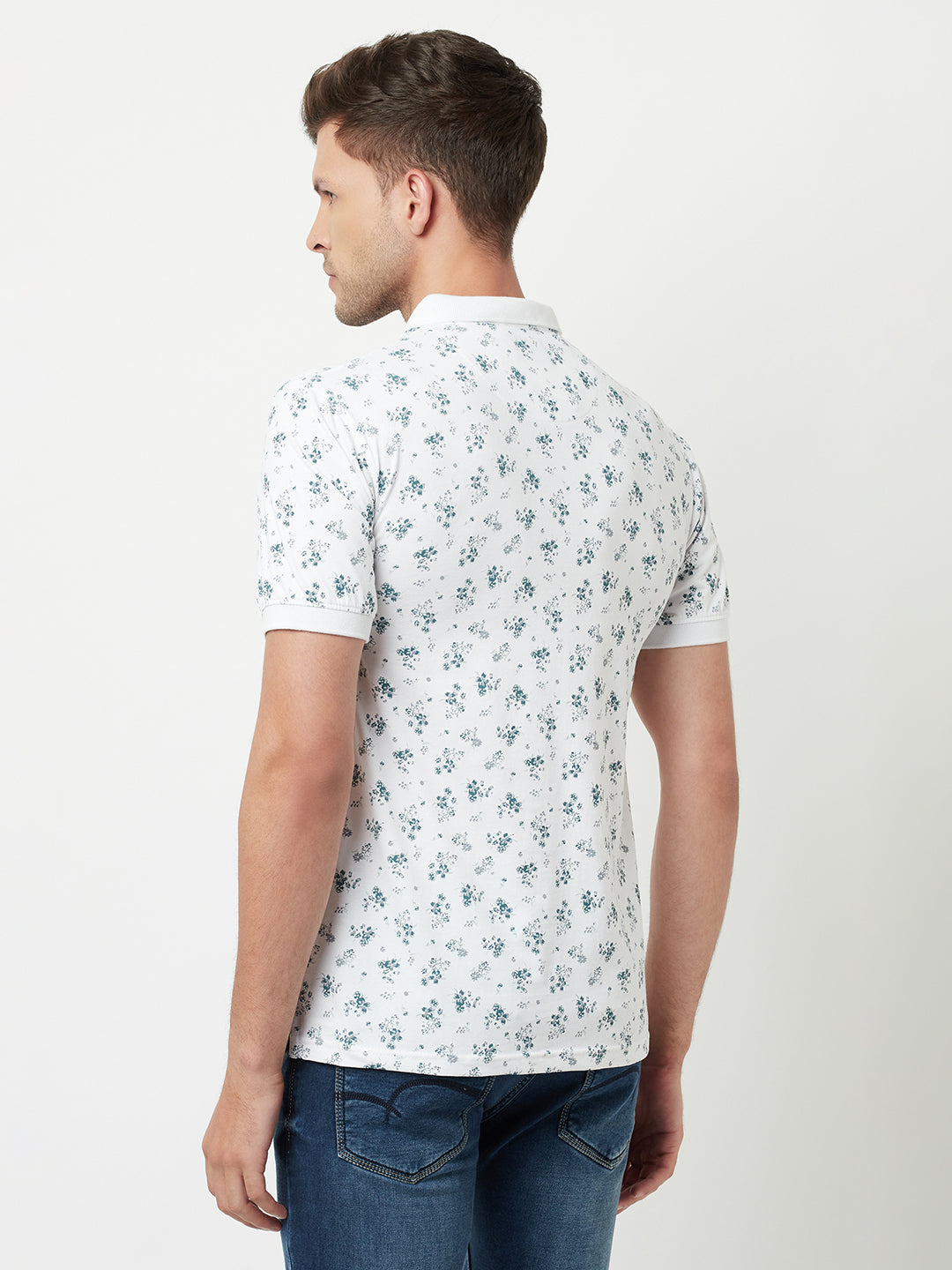 White Floral Printed Polo T-Shirt-Men T-Shirts-Crimsoune Club