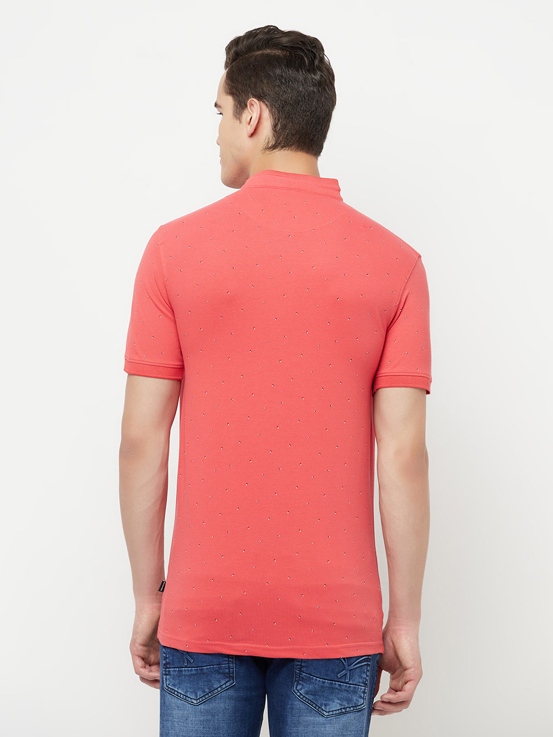 Pink Printed Mandarin Collar T-Shirt - Men T-Shirts