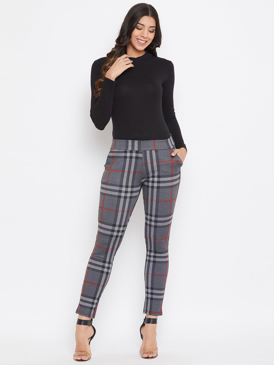 Plain Checked Skinny fit Pants - Women Trousers