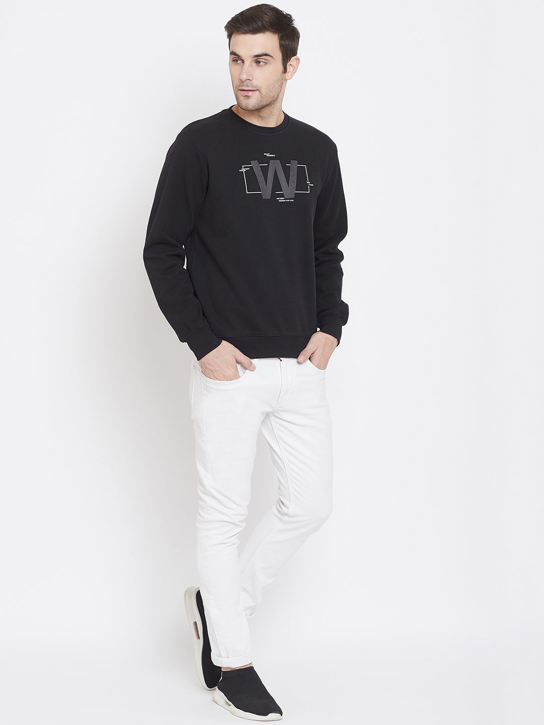 Black Printed Round Neck Sweatshirt - Men Sweatshirts