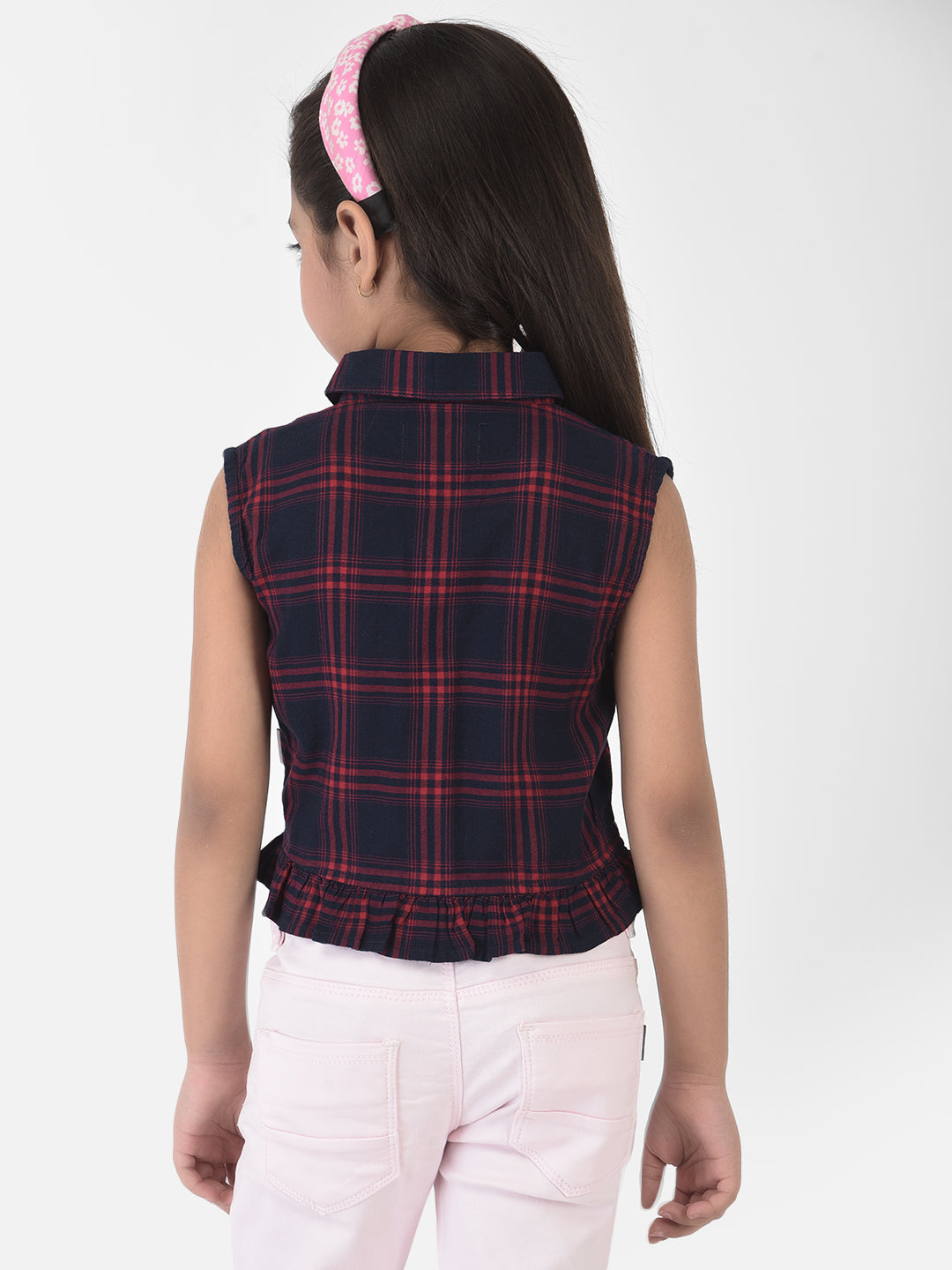 Navy Blue Tartan Checked Crop Shirt - Girls Shirts