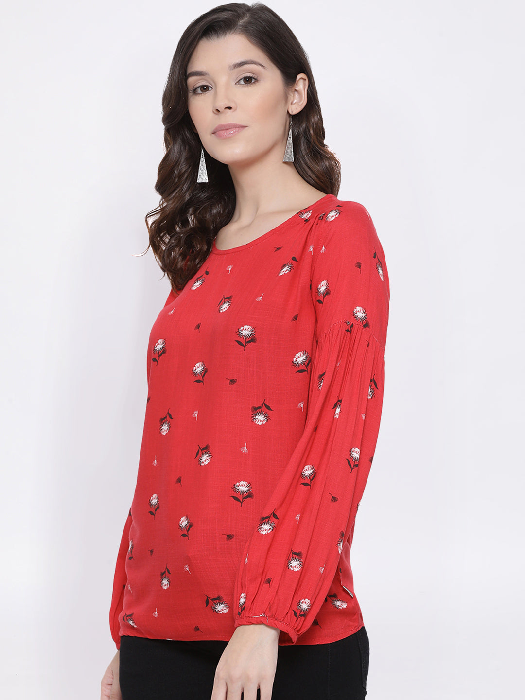 Red Printed Round Neck Tops - Women Tops