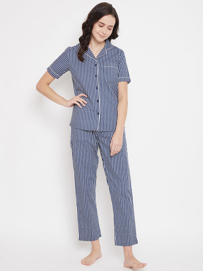 Blue Striped Slim Fit Night Suits - Women Night Suits