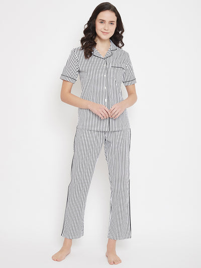 White Striped Slim Fit Night Suits - Women Night Suits
