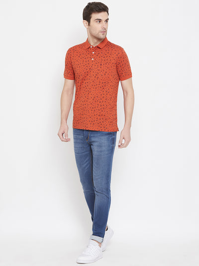 Orange Printed Polo Neck T-Shirt - Men T-Shirts